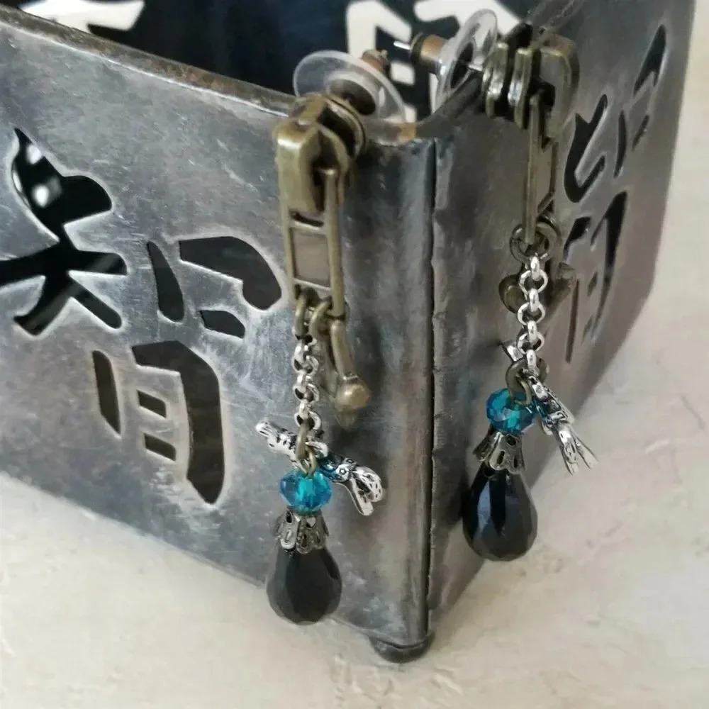 Antique Brass Zipper and Heart Baubles Black Teal Blue Dangle Earrings - Picture 6 of 7